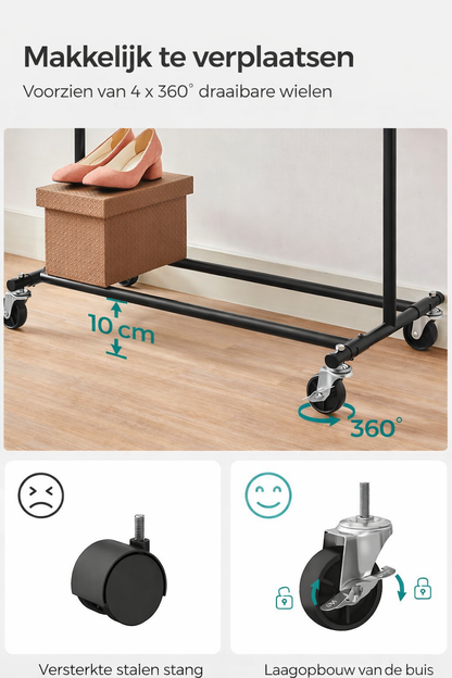 Signature Home Industrieel Kledingrek met Wielen – Metalen Garderoberek in Industriële Stijl