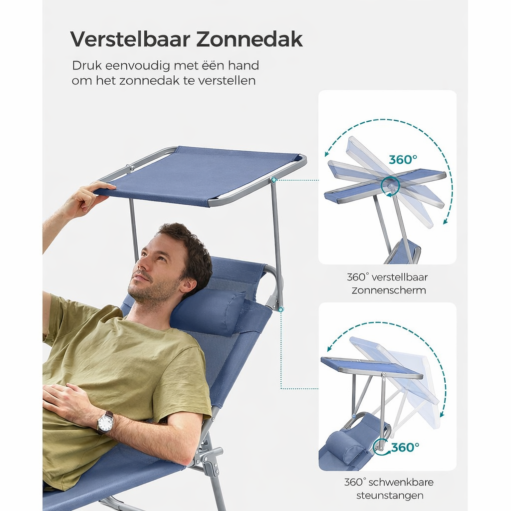 Signature Home Opvouwbare Ligstoel met Zonnedak – Blauwe Zonneligbed, Verstelbaar & Comfortabel, Ideaal voor Tuin, Strand en Camping