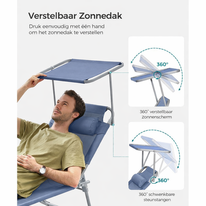 Signature Home Opvouwbare Ligstoel met Zonnedak – Blauwe Zonneligbed, Verstelbaar & Comfortabel, Ideaal voor Tuin, Strand en Camping