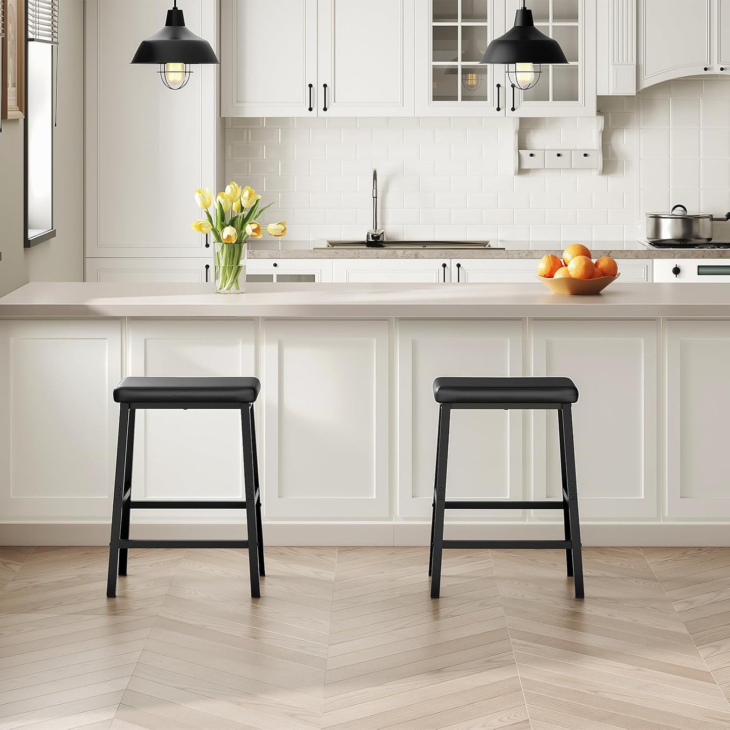 Signature Home Set van 2 Barkrukken – Zwarte Barstoelen met PU-Leren Zitting, Comfortabel Gevoerd & Eenvoudig te Monteren voor Keuken, Bar en Eetkamer