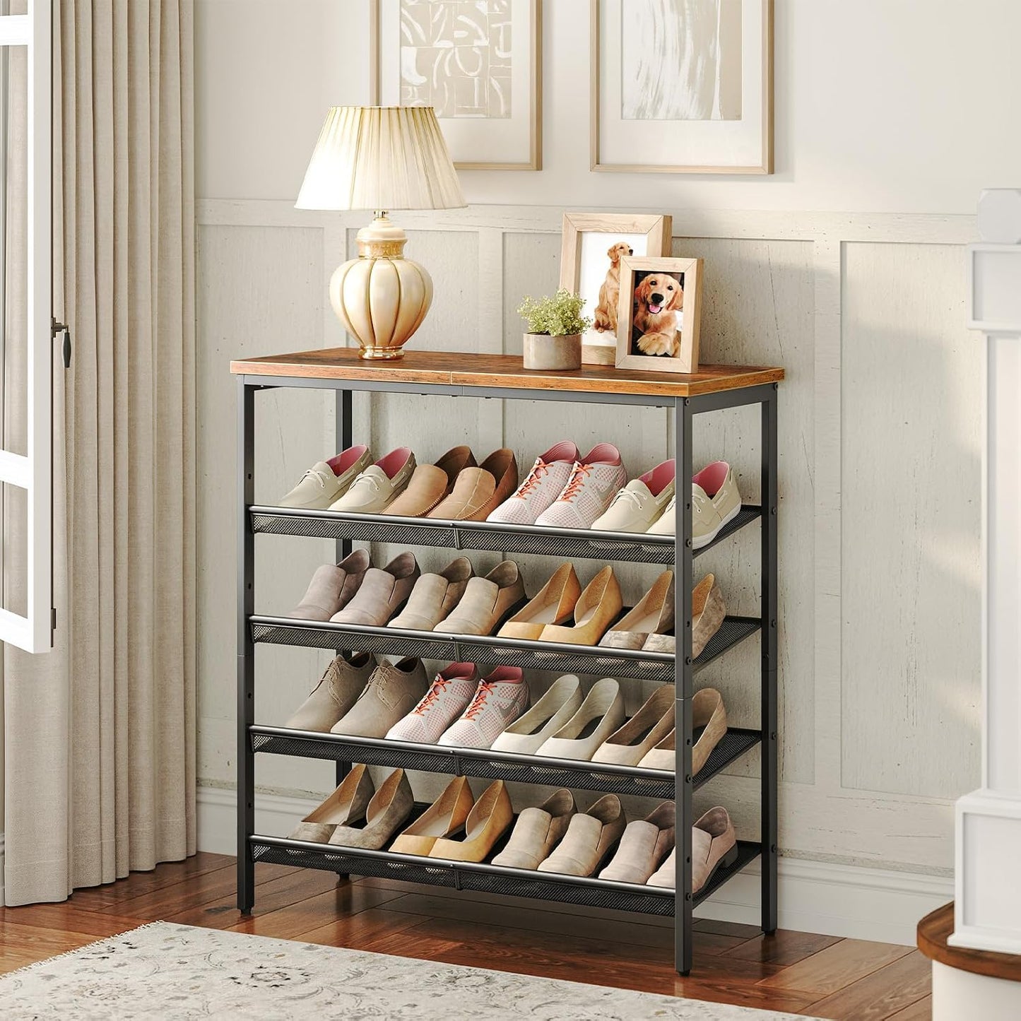 Signature Home Schoenenrek 5-Laags – Schoenenkast met Verstelbare Metalen Gaasplanken en Ruim Bovenblad – Voor 16–20 Paar Schoenen – Voor Entree en Gang – Industrieel Design – Vintage Bruin/Zwart