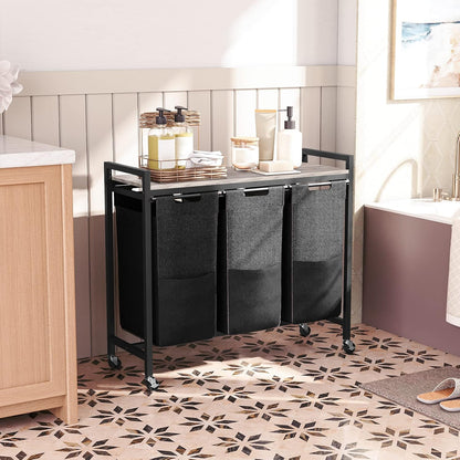 Signature Home Wasmand met 3 Vakken en Opbergplank – Verrijdbare Wasmand met Wielen – 3 x 39,8 L Wasgoedmand – Uitneembare Oxford Stoffen Waszakken – Wassorteerder voor Badkamer en Wasruimte – Greige/Zwart