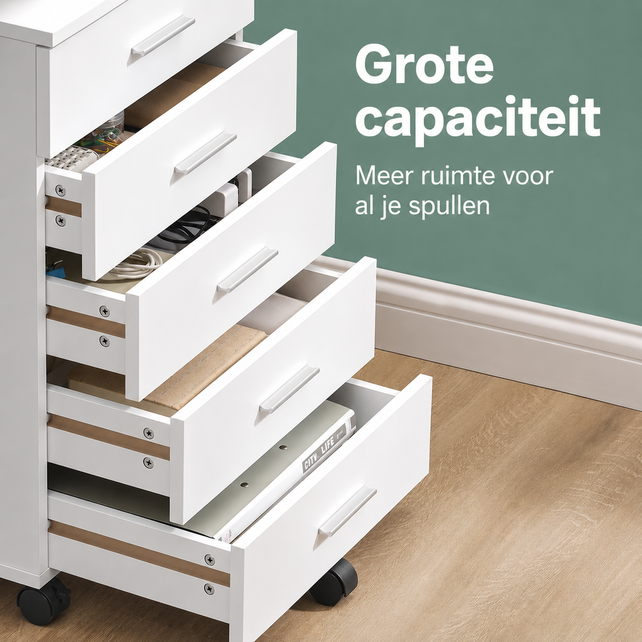 Signature Home Verrijdbare Ladecontainer met 5 Laden - Mobiele Opbergkast op Wielen voor Kantoor, Bureau, Hobbykamer en Thuiswerkplek