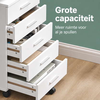 Signature Home Verrijdbare Ladecontainer met 5 Laden - Mobiele Opbergkast op Wielen voor Kantoor, Bureau, Hobbykamer en Thuiswerkplek