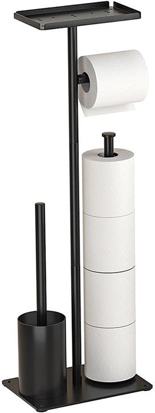Signature Home Toiletbutler 4 in 1 - Toiletrolhouder vrijstaand - Toiletrolhouder Zonder boren - Toiletborstel met plankje - Reserverolhouder - RVS - Zwart