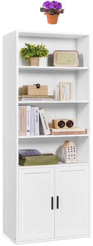 Signature Home boekenkast - hoge boekenkast plank met 6 niveaus - vrijstaande plank met deuren - Kast voor woonkamer - thuiskantoor - eetkamer - White - 24 x 60 x 175 cm,