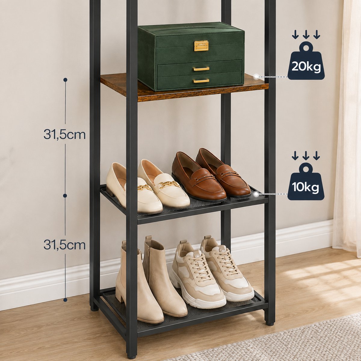 Signature Home Kapstok met Schoenenrek – 6-in-1 Garderoberek met Kledingroede, Haken, Schoenenbank & Opbergrekken – Vintage Bruin/Zwart - 30 x 40 x 180 cm