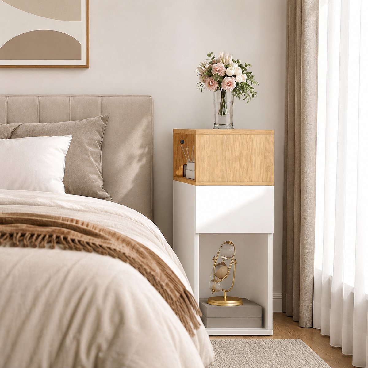 Signature home Nachtkastje Smal met Lade en Open Vakken – Klein Bedtafeltje met Opbergruimte – Bijzettafel voor Slaapkamer, Woonkamer en Kleine Ruimtes – Wit/Naturel - 25 x 30.5 x 65.5