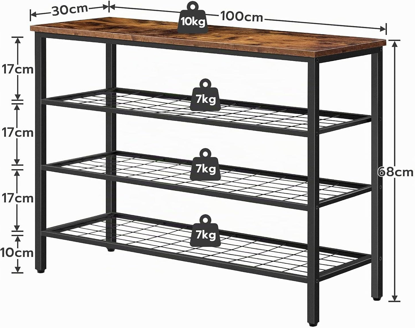 Signature Home Schoenenrek 4 Laags – Schoenen Organizer met 3 Metalen Gaasplanken – Industriële Schoenenkast voor Hal, Entree en Slaapkamer – Stevig Opbergrek – Vintage Bruin