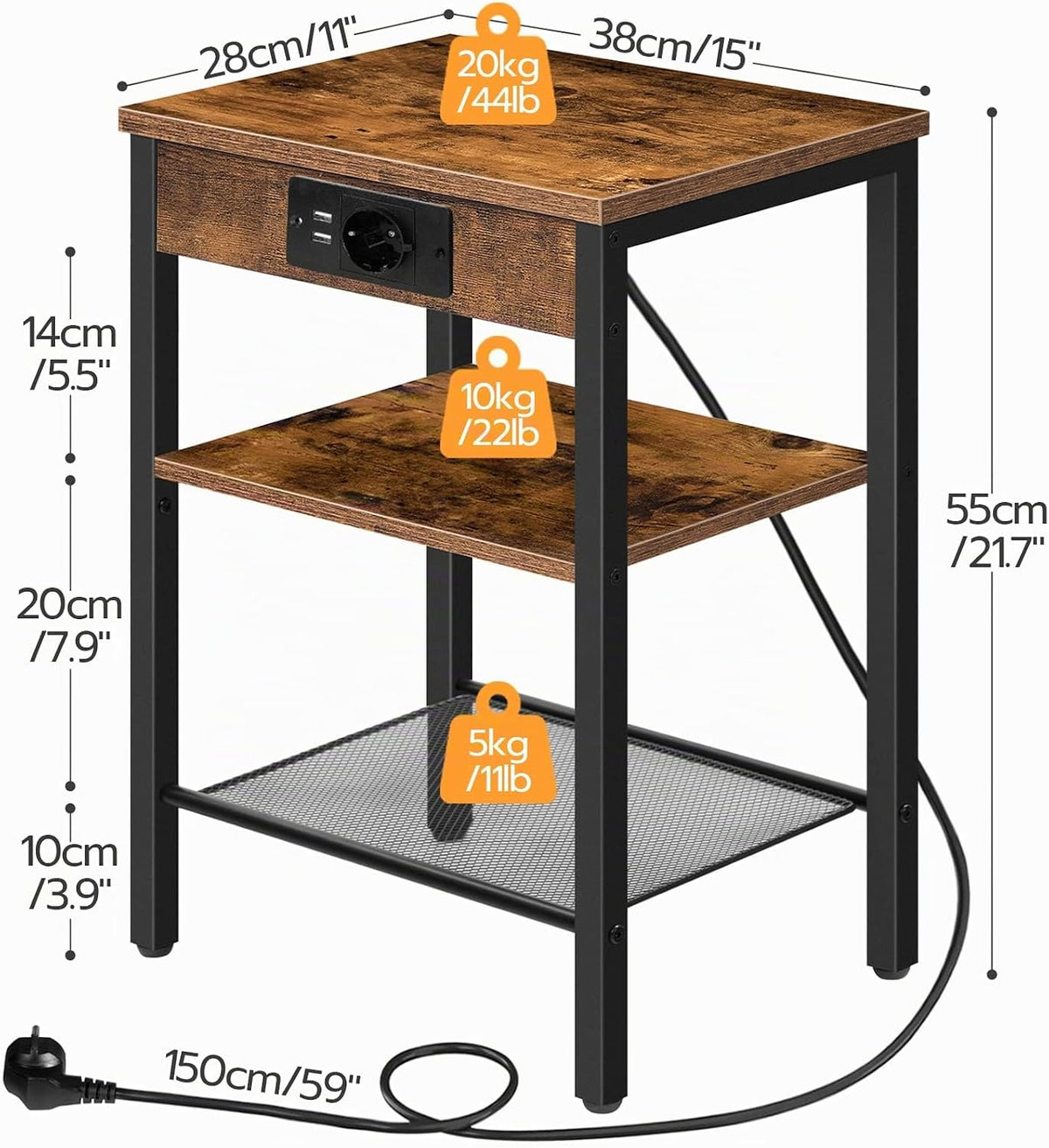 Signature Home Bijzettafel met Stopcontact en 2 USB-poorten – Smalle Bijzettafel met 3 Opbergplanken – Nachtkastje met Oplaadstation – Kleine Salontafel en Banktafel voor Woonkamer en Slaapkamer – 38 x 28 x 55 cm – Vintage Bruin