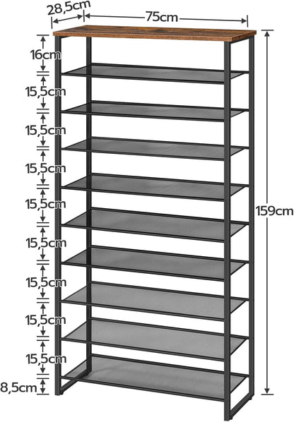 Signature Home Schoenenrek 10 Laags – Hoog en Smal Schoenenrek voor 32-40 Paar Schoenen – Ruimtebesparende Schoenenopberger met Metalen Frame – voor Hal, Woonkamer en Slaapkamer – Vintage Bruin/Zwart