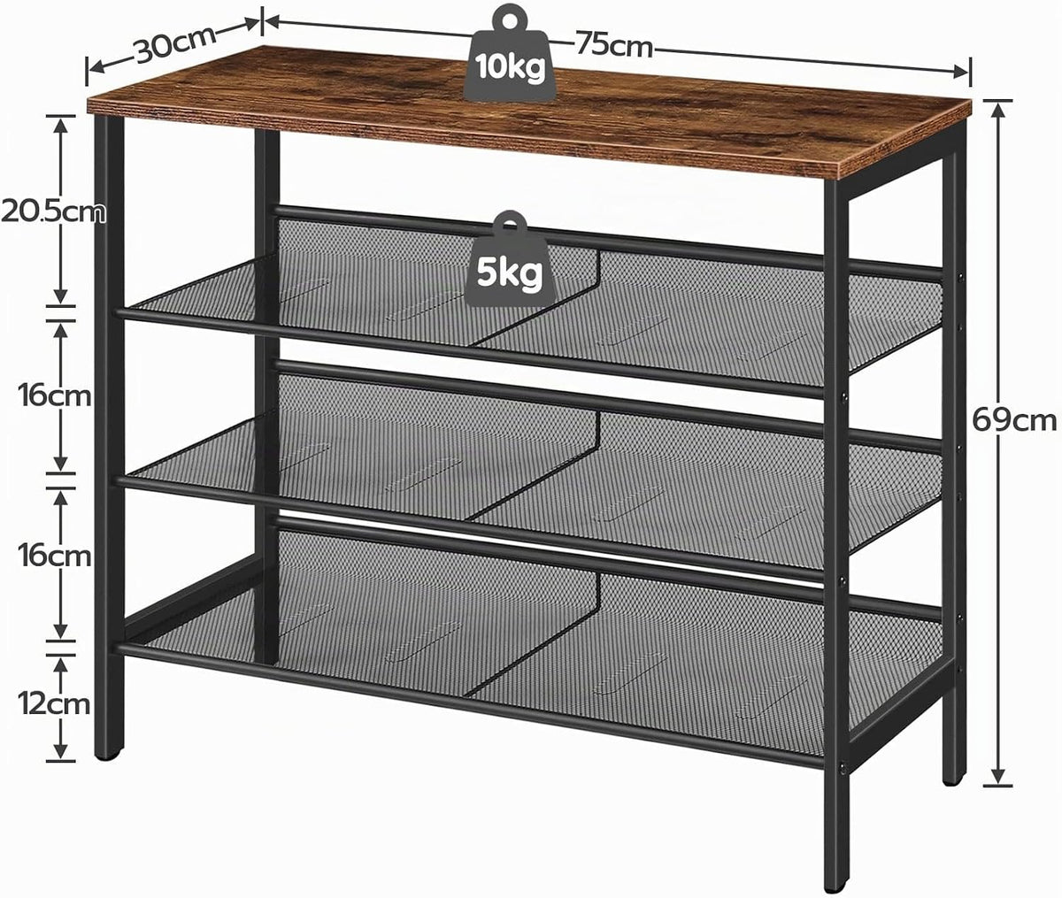 Signature Home 4-Laags Schoenenrek met 3 Verstelbare Roosterplanken – Plat of Schuin Plaatsbaar Schoenenrek – Stevig Industrieel Opbergrek voor Hal, Entree en Slaapkamer – Vintage Bruin