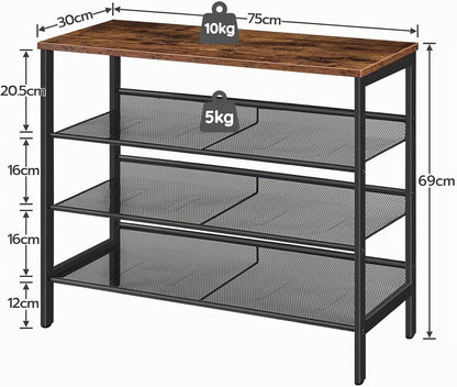 Signature Home 4-Laags Schoenenrek met 3 Verstelbare Roosterplanken – Plat of Schuin Plaatsbaar Schoenenrek – Stevig Industrieel Opbergrek voor Hal, Entree en Slaapkamer – Vintage Bruin