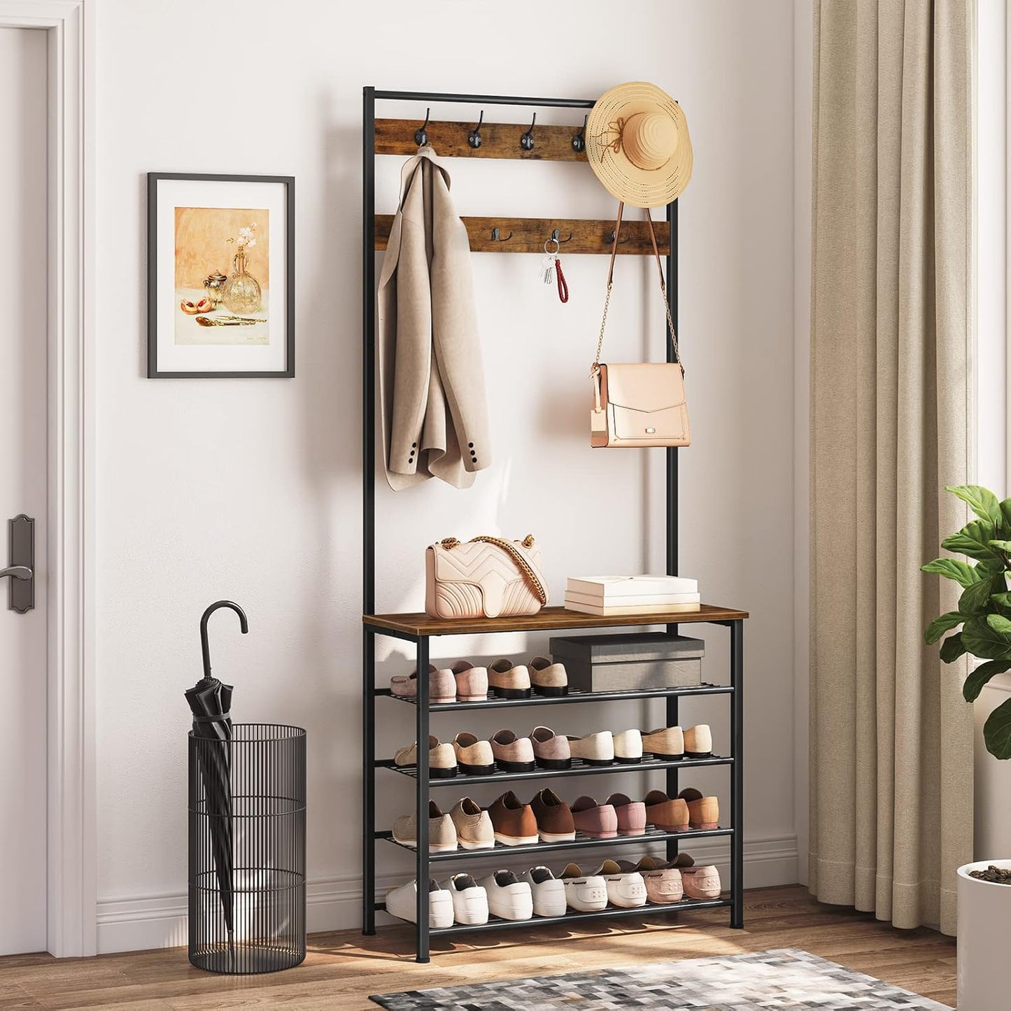 Signature Home Kapstok met Schoenenrek 5 Niveaus – Kledingrek met Garderobe, Vrijstaande Kapstok voor Hal, Entree en Gang, Industrieel Design, Donkerbruin/Zwart