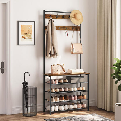 Signature Home Kapstok met Schoenenrek 5 Niveaus – Kledingrek met Garderobe, Vrijstaande Kapstok voor Hal, Entree en Gang, Industrieel Design, Donkerbruin/Zwart