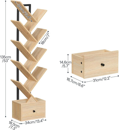 Signature Home 9-Laags Boekenkast met Lade – Vrijstaande Boomvormige Boekenkast, DVD- en Opbergrek voor Woonkamer, Slaapkamer en Kantoor – Naturel Hout & Zwart**