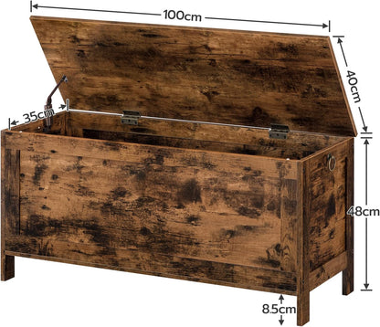 Signature HomeHouten Opbergkist 100 x 40 x 48 cm – Grote Speelgoedkist met Deksel – Opbergbank voor Dekens & Speelgoed – Bedbank / Dekenbox voor Slaapkamer, Hal en Woonkamer – Rustiek Bruin