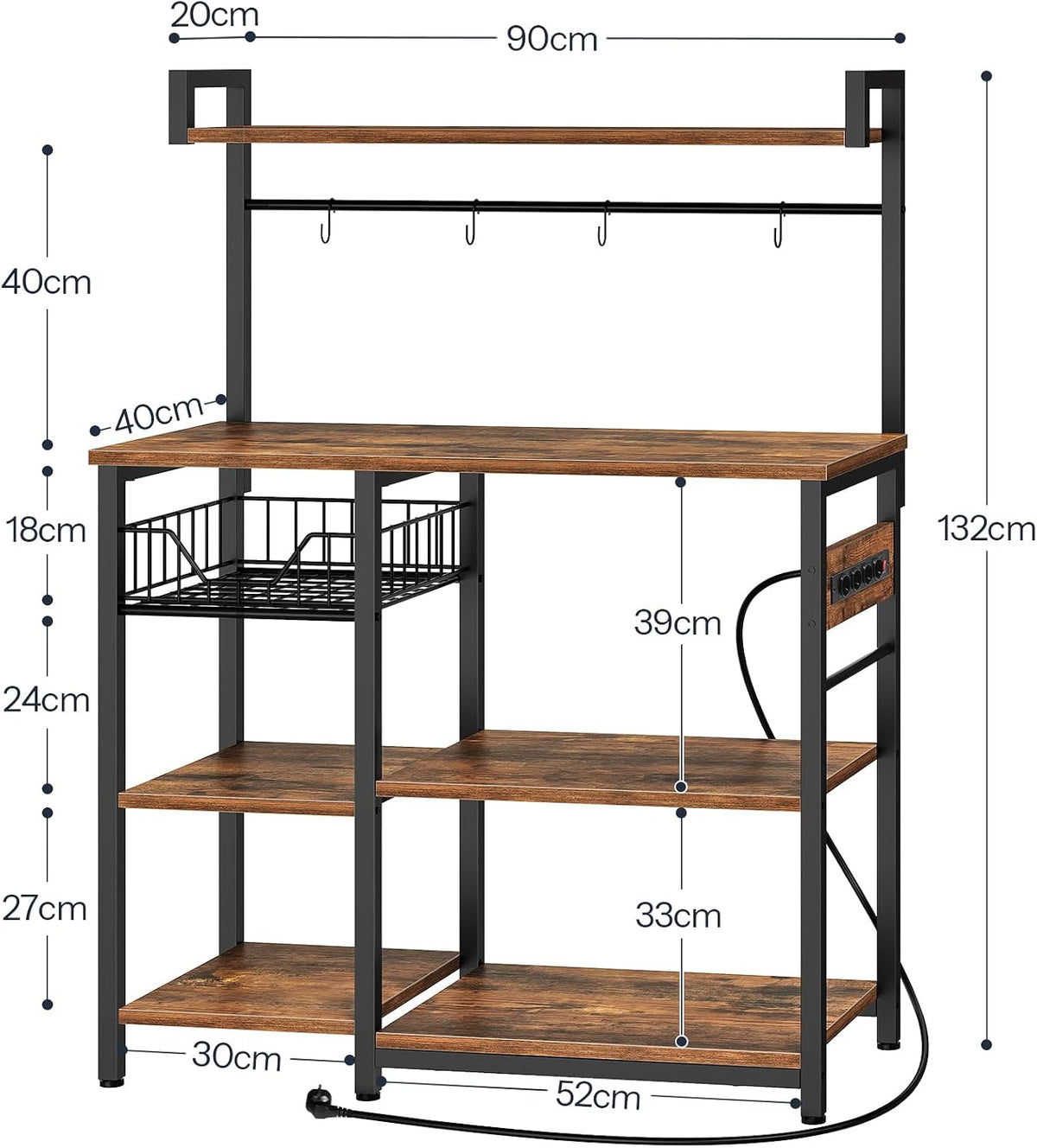 Signature Home Keukenrek met Stopcontacten – Staand Magnetronrek 40 × 90 × 132 cm – Opbergrek met Planken en 4 S-Haken – Keukenstelling voor Magnetron & Keukenapparatuur – Industrieel Vintage Bruin/Zwart
