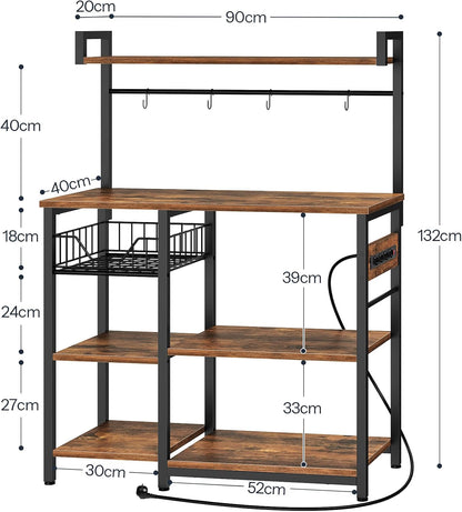 Signature Home Keukenrek met Stopcontacten – Staand Magnetronrek 40 × 90 × 132 cm – Opbergrek met Planken en 4 S-Haken – Keukenstelling voor Magnetron & Keukenapparatuur – Industrieel Vintage Bruin/Zwart