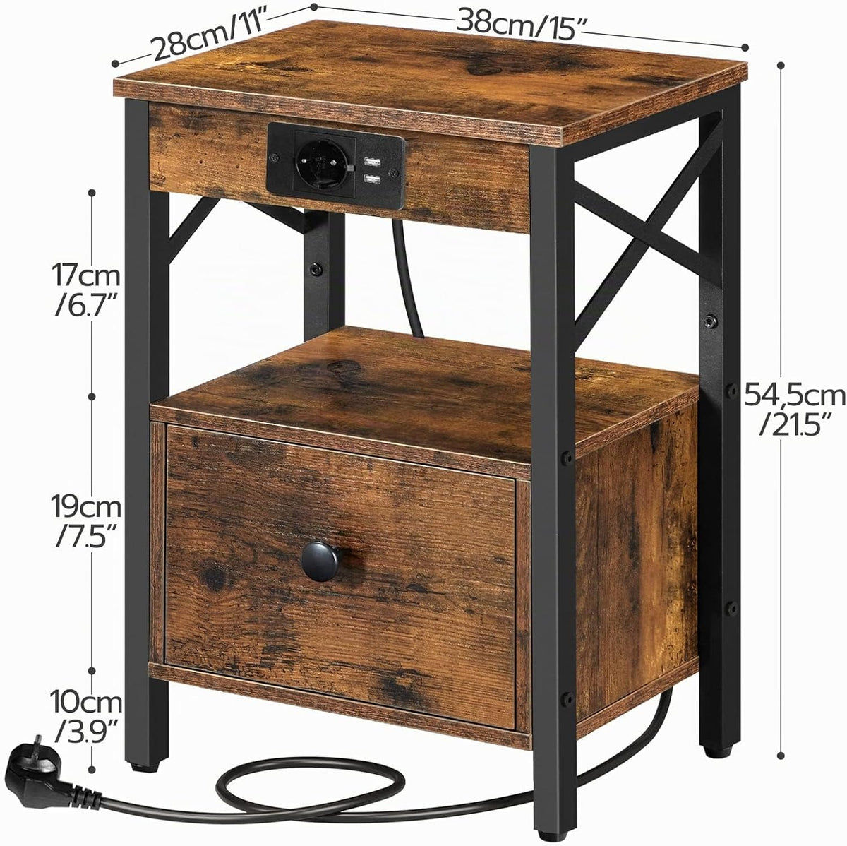 Signature Home Nachtkastje met Oplaadstation – Bijzettafel met Opklapbare Lade – USB-Poorten & Stopcontact – Bedkastje voor Slaapkamer – Industrieel Design – Vintage Bruin/Zwart