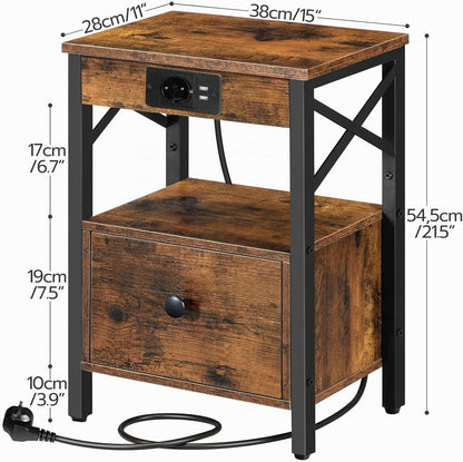 Signature Home Nachtkastje met Oplaadstation – Bijzettafel met Opklapbare Lade – USB-Poorten & Stopcontact – Bedkastje voor Slaapkamer – Industrieel Design – Vintage Bruin/Zwart