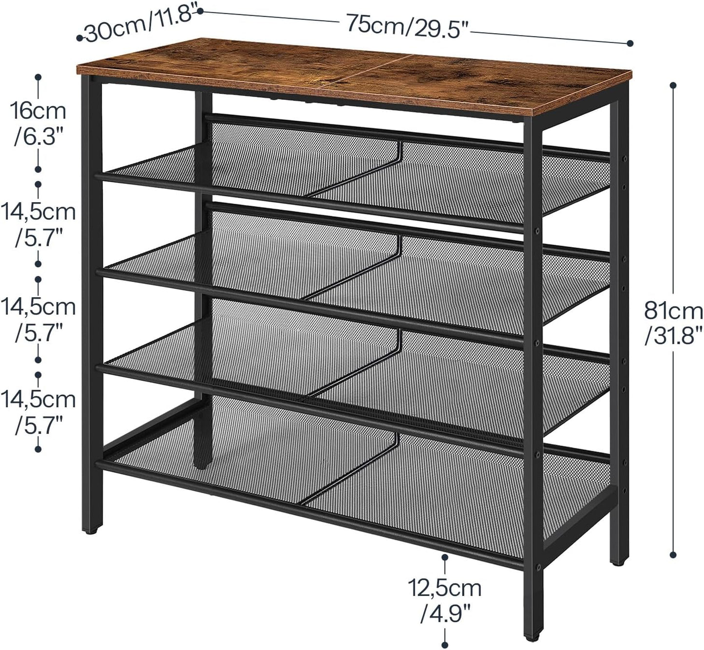 Signature Home Schoenenrek 5-Laags – Schoenenkast met Verstelbare Metalen Gaasplanken en Ruim Bovenblad – Voor 16–20 Paar Schoenen – Voor Entree en Gang – Industrieel Design – Vintage Bruin/Zwart