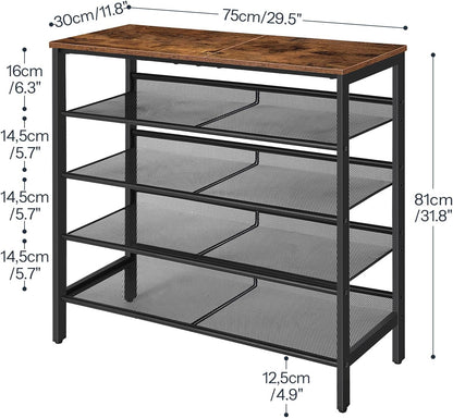 Signature Home Schoenenrek 5-Laags – Schoenenkast met Verstelbare Metalen Gaasplanken en Ruim Bovenblad – Voor 16–20 Paar Schoenen – Voor Entree en Gang – Industrieel Design – Vintage Bruin/Zwart