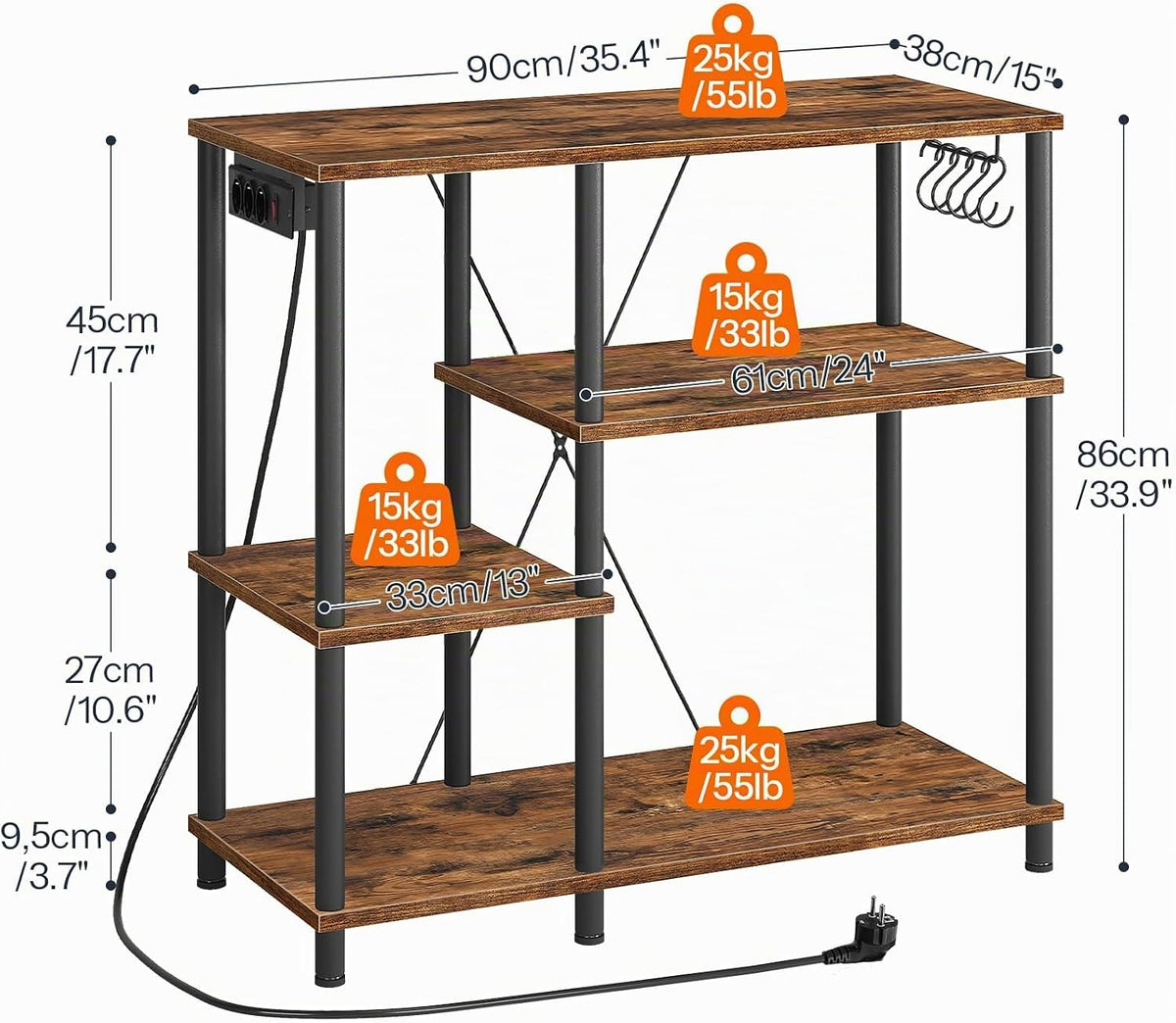 Signature Home Keukenrek met Stopcontacten – Magnetronrek met 5 S-Haken – Staand Keuken Opbergrek met Planken – Bakkersrek en Magnetronstandaard – Industrieel Keukenmeubel voor Keuken en Woonkamer – 38 x 90 x 86 cm – Vintage Bruin/Zwart