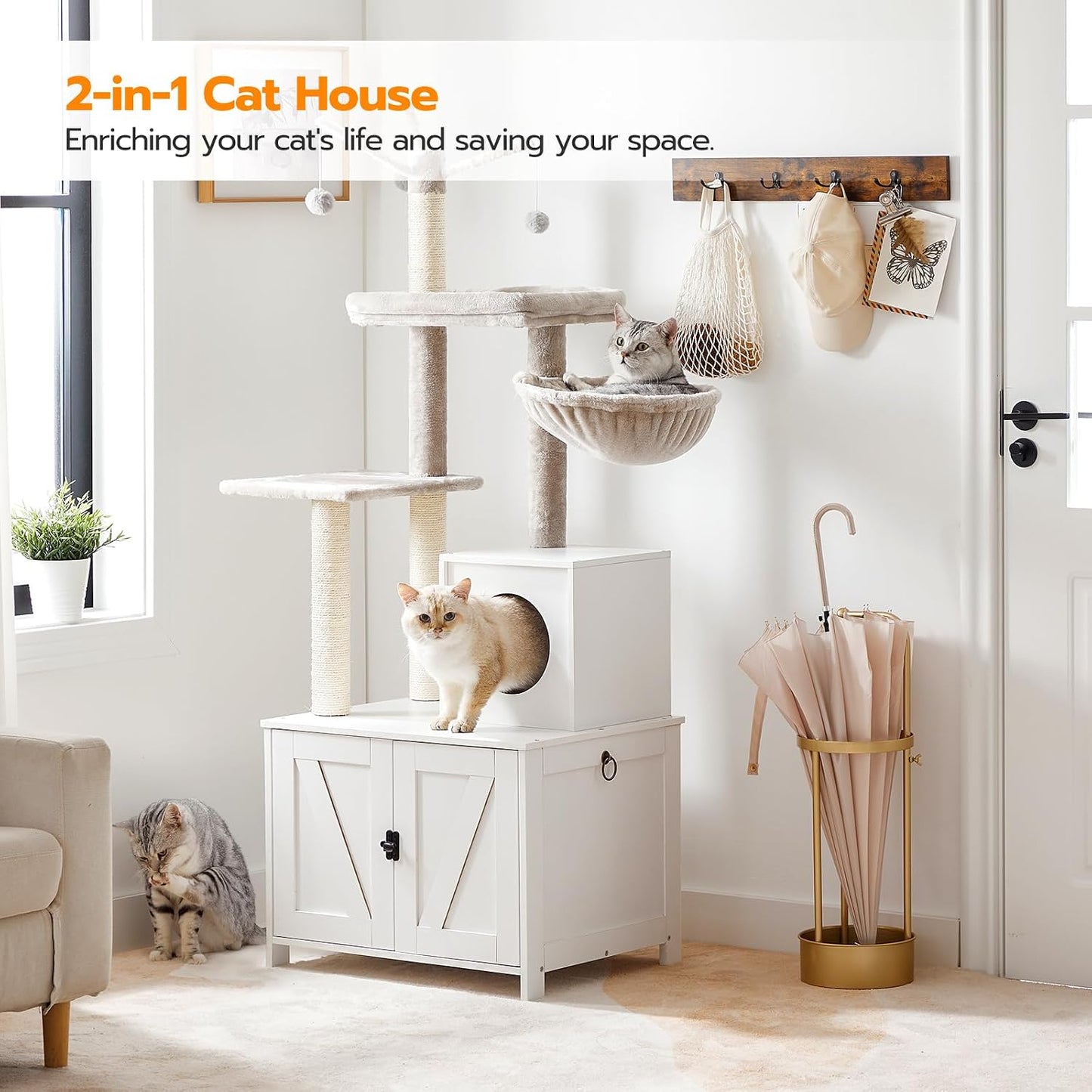 Signature Home Kattenkrabpaal met Kattenbakmeubel 60 x 48 x 151 cm – All-in-One Kattenmeubel met Klimboom, Kattenhuis en Afneembare Pluche Bal – Wit