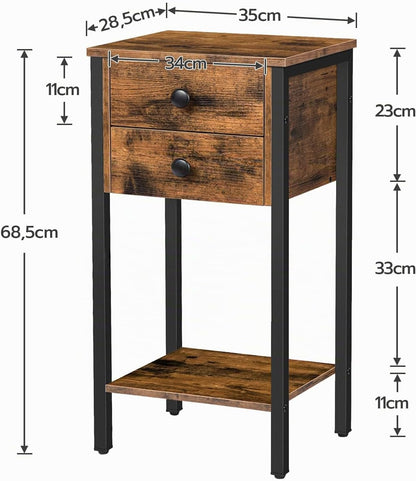 Signature Home Bijzettafel met 2 Lades en Opbergplanken – Hoge Telefoontafel en Nachtkastje – Smalle Sofatafel met Stevig Metalen Frame voor Woonkamer en Slaapkamer – Donkerbruin