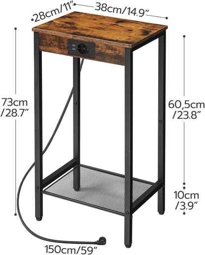 Signature Home Bijzettafel met Oplaadstation en Stopcontact – Smal Nachtkastje met Netplank – Hoge Telefoontafel voor Woonkamer en Slaapkamer – Vintage Bruin/Zwart