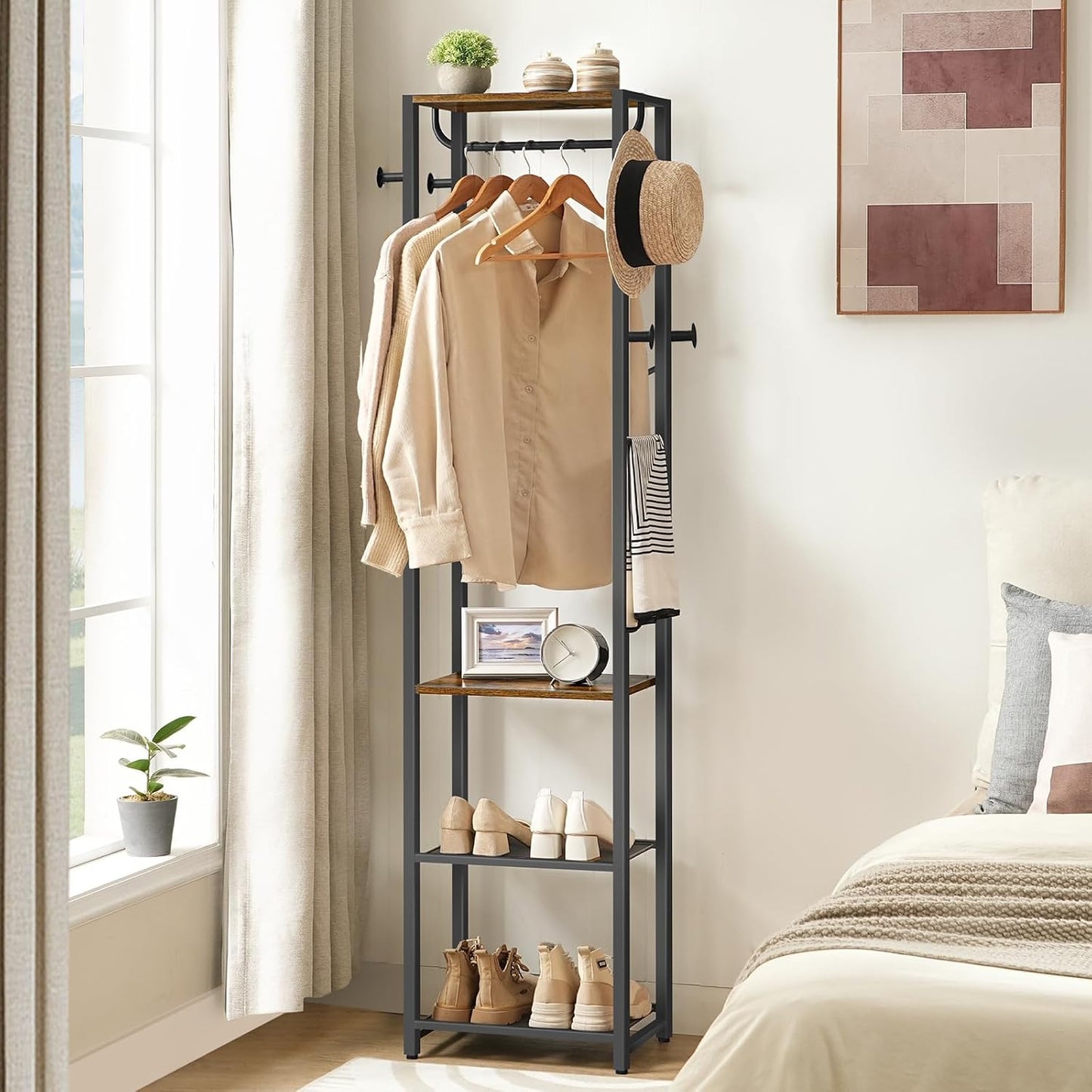 Signature Home Kapstok met Schoenenrek – Multifunctioneel Kledingrek met Schoenenopberger en Opbergrekken – Vintage Bruin/Zwart