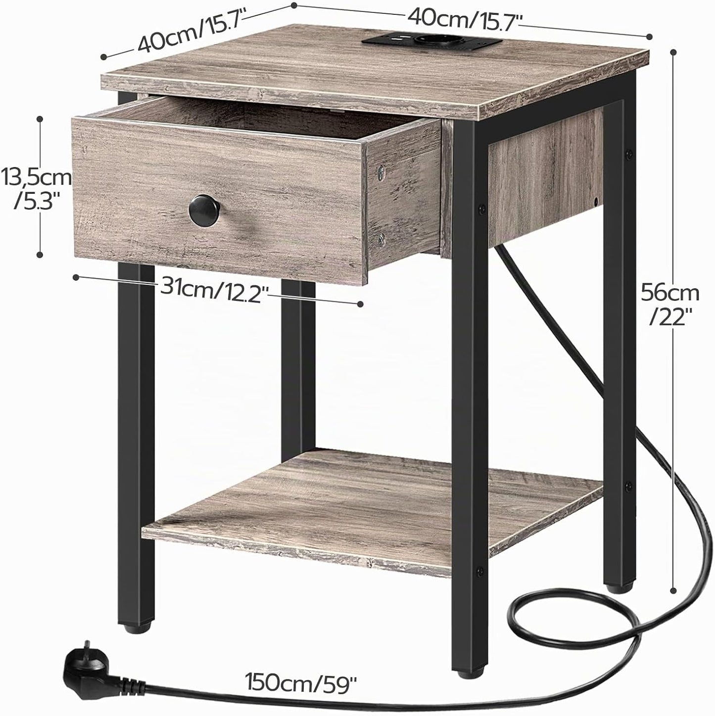 Signature Home Nachtkastje met Oplaadstation – Bijzettafel met Lade en Opbergplank – USB-Poorten en Stopcontact – Smal Bedside Kastje voor Slaapkamer en Kleine Ruimtes – Greige/Zwart