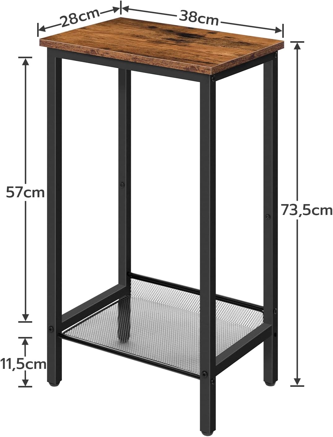 Signature Home Hoge Bijzettafel met Verstelbaar Metalen Roosterplank – Smalle Telefoontafel, Nachtkastje en Banktafel – Industriële Sidetable met Opbergruimte voor Woonkamer, Hal, Slaapkamer en Kantoor – 38 x 28 x 73,5 cm – Donkerbruin