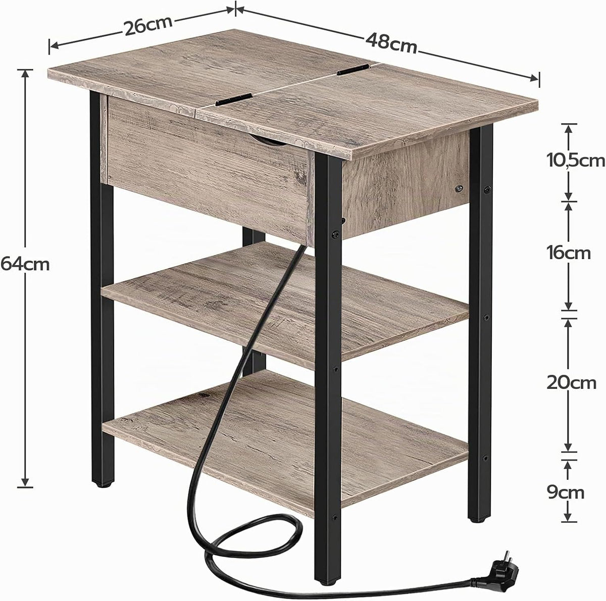 Signature Home Bijzettafel met Oplaadstation en Opbergruimte – Smalle Sofa- en Nachtkasttafel met Opklapbaar Blad – Stopcontacten & USB-poorten – Stevige Bijzettafel voor Woonkamer en Slaapkamer – Greige/Zwart