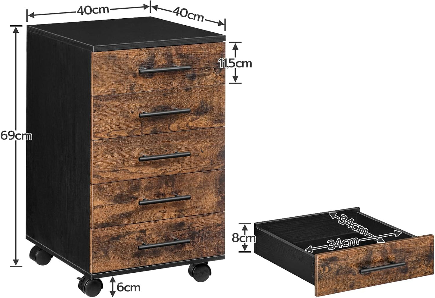 Signature Home Archiefkast met 5 Laden – Verrijdbare Rolcontainer – Houten Ladekast voor Kantoor – Opbergkast met Metalen Frame – Industriële Stijl – Eenvoudige Montage – Vintage Donkerbruin/Zwart