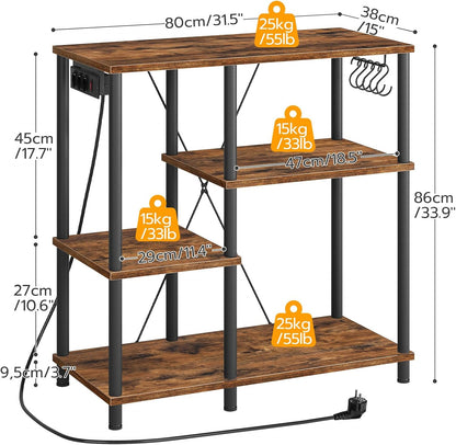 Signature Home Keukenrek met Stopcontacten – Staand Magnetronrek 38 x 80 x 86 cm – Bakkersrek met 5 S-Haken – Opbergrek voor Keuken met Werkblad – Vintage Bruin/Zwart
