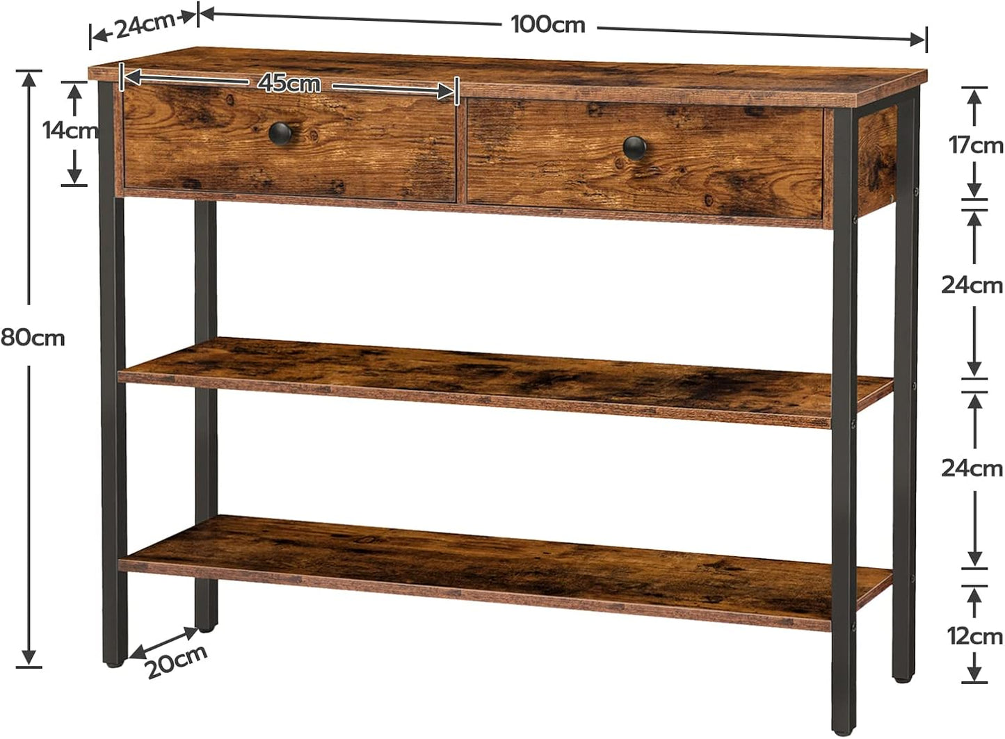 Signature Home Console Tafel met Lade en 2 Opbergplanken – Smalle Haltafel/Sidetable met Stevig Metalen Frame – 100 x 24 x 80 cm – voor Entree, Gang en Woonkamer – Vintage Bruin/Zwart