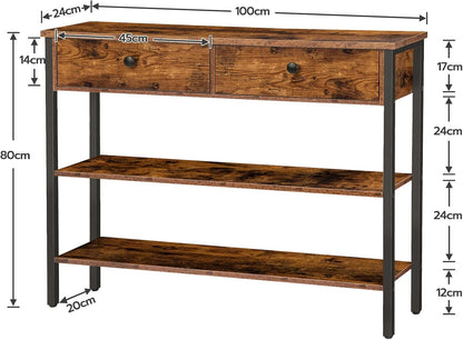 Signature Home Console Tafel met Lade en 2 Opbergplanken – Smalle Haltafel/Sidetable met Stevig Metalen Frame – 100 x 24 x 80 cm – voor Entree, Gang en Woonkamer – Vintage Bruin/Zwart