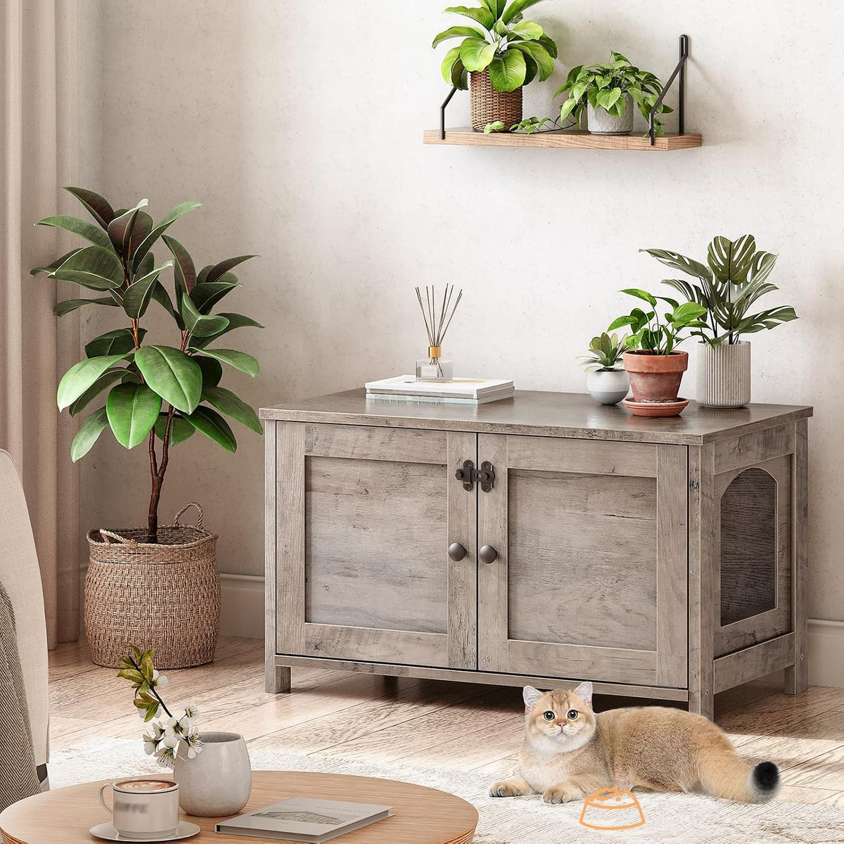 Signature Home Kattenbak Meubel met Deur en Scheidingswand – Kattenbak Kast & Kattenhuis – Stevige Kattenkast met Opbergruimte – Kattenbak Ombouw, Opbergbank & Nachtkastje – Greige