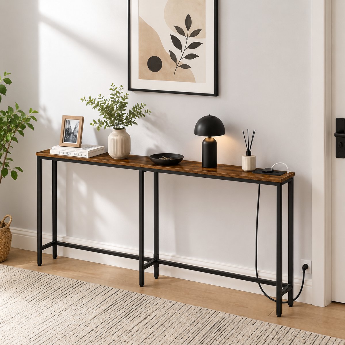 Signature Home Consoletafel - Console tafel - bijzettafel met Stopcontact 160 cm - Smalle Sidetable met Oplaadstation - Haltafel Achter Bank - Vintage Bruin/Zwart