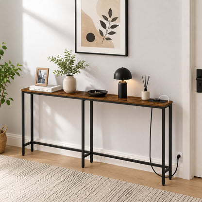 Signature Home Consoletafel - Console tafel - bijzettafel met Stopcontact 160 cm - Smalle Sidetable met Oplaadstation - Haltafel Achter Bank - Vintage Bruin/Zwart