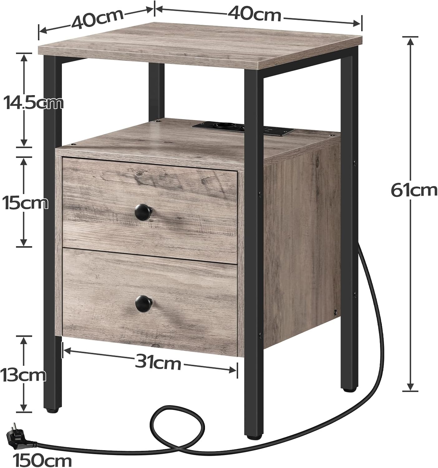 Signature Home Nachtkastje met Stopcontacten en USB-Poorten – Bijzettafel met Lade en Opbergplank – Smalle Sidetable & Salontafel met Oplaadstation – Ruimtebesparend voor Slaapkamer en Woonkamer – Eenvoudig te Monteren