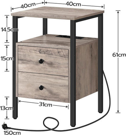 Signature Home Nachtkastje met Stopcontacten en USB-Poorten – Bijzettafel met Lade en Opbergplank – Smalle Sidetable & Salontafel met Oplaadstation – Ruimtebesparend voor Slaapkamer en Woonkamer – Eenvoudig te Monteren