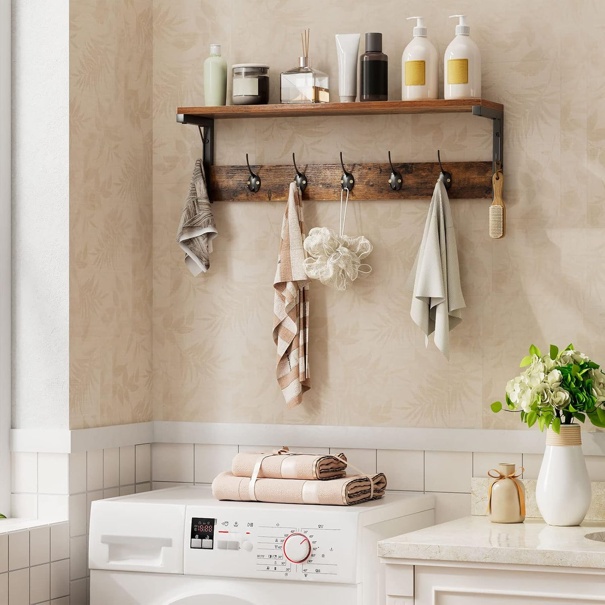 Signature Home Wandkapstok met 7 Haken en Opbergplank – Industriële Kapstok Wandmontage – Kapstok met Wandrek en Legplank – Ruimtebesparende Garderobe voor Hal, Entree, Woonkamer en Keuken – Donkerbruin/Zwart