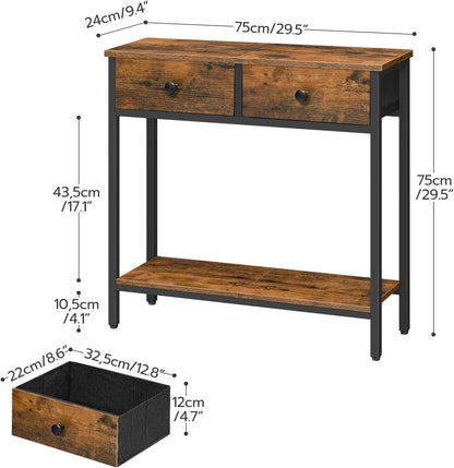 Signature Home Sidetable met 2 Stoffen Lades – Smalle Consoletafel 75 cm – Industriële Haltafel en Wandtafel – Opbergtafel voor Hal, Entree, Woonkamer en Slaapkamer – Vintage Bruin/Zwart