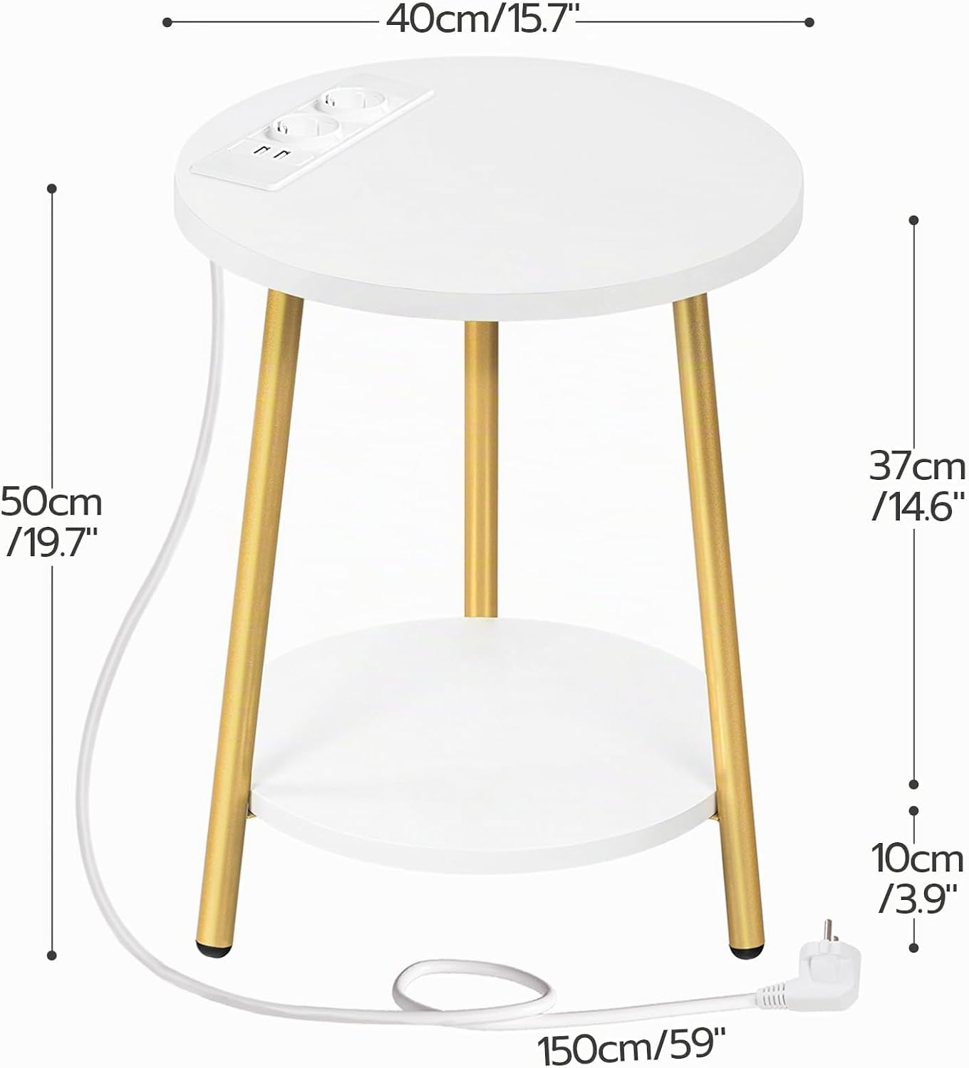 Signature Home Ronde Bijzettafel met Oplaadstation – Salontafel 2 Niveaus met Stopcontact en USB – Nachtkastje voor Kleine Ruimtes – Sofa Tafel voor Woonkamer en Slaapkamer – Wit/Goud