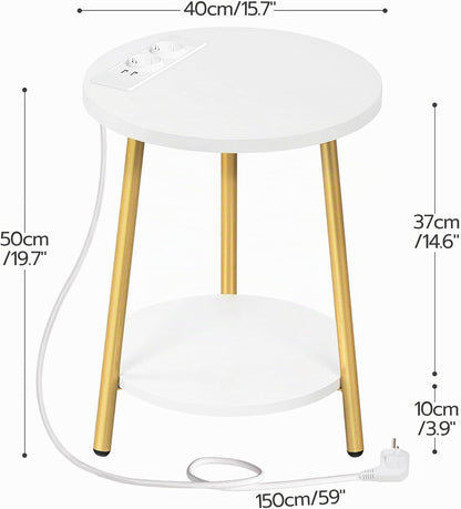 Signature Home Ronde Bijzettafel met Oplaadstation – Salontafel 2 Niveaus met Stopcontact en USB – Nachtkastje voor Kleine Ruimtes – Sofa Tafel voor Woonkamer en Slaapkamer – Wit/Goud