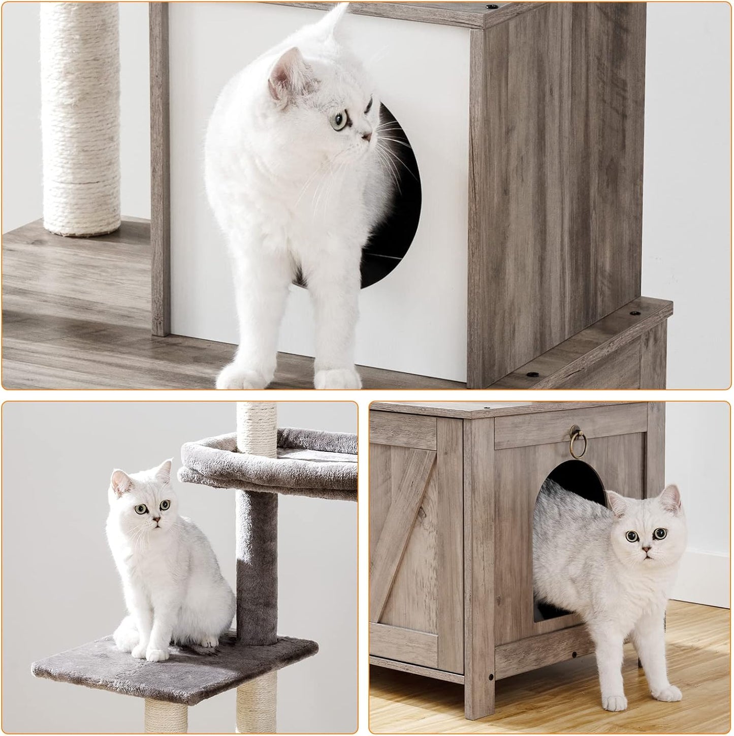 Signaature Home Kattenkrabpaal met Kattenbakmeubel 2-in-1 – 150 cm Hoge Kattenboom met Verborgen Kattenbak, Sisalpalen, Uitneembare Pluche Bal en Kast – Greige