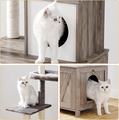 Signaature Home Kattenkrabpaal met Kattenbakmeubel 2-in-1 – 150 cm Hoge Kattenboom met Verborgen Kattenbak, Sisalpalen, Uitneembare Pluche Bal en Kast – Greige